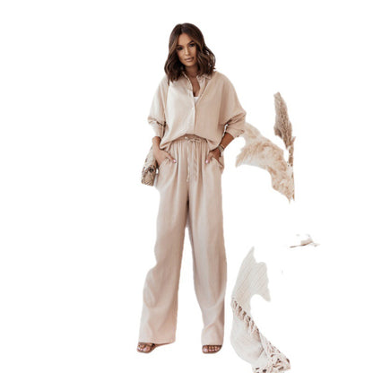 New Loose Elastic Wrinkled Long-sleeved Shirt Wide-leg Pants Casual Suit Women
