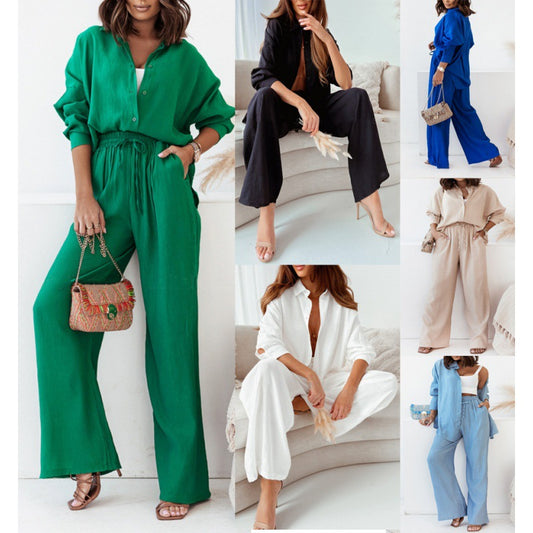 New Loose Elastic Wrinkled Long-sleeved Shirt Wide-leg Pants Casual Suit Women