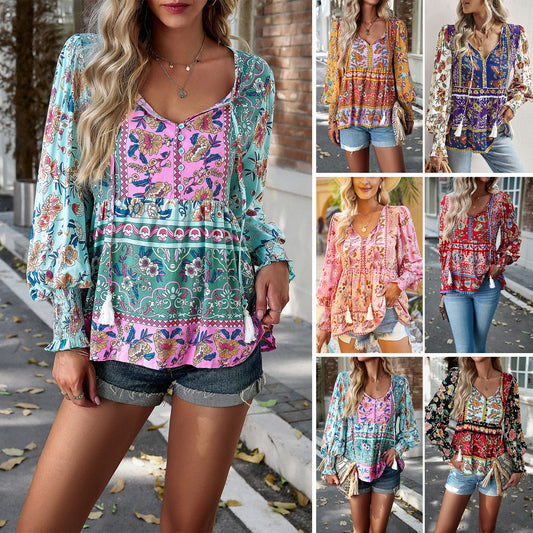 Diyun Cross-border European And American Women&#039;s Clothing Independent Station 2023 Autumn Bohemian Casual Style Cotton Printed Long-sleeved Shirt For Women