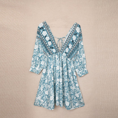Shiying Dress Women&#039;s European And American Backless New Chiffon Cross-border Deep V-neck Waist Floral Skirt Long-sleeved Women 221873