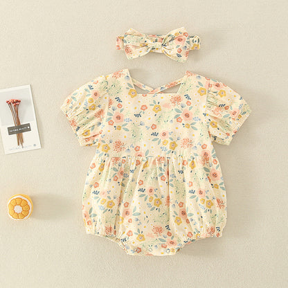 0-2 Year Old Baby Thin Romper 2021 Summer New Baby Girl Send Hair Belt Floral Backless Newborn Onesie