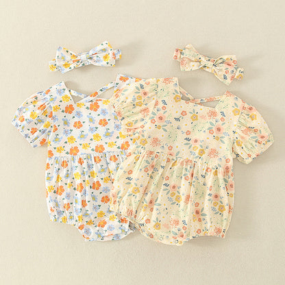 0-2 Year Old Baby Thin Romper 2021 Summer New Baby Girl Send Hair Belt Floral Backless Newborn Onesie