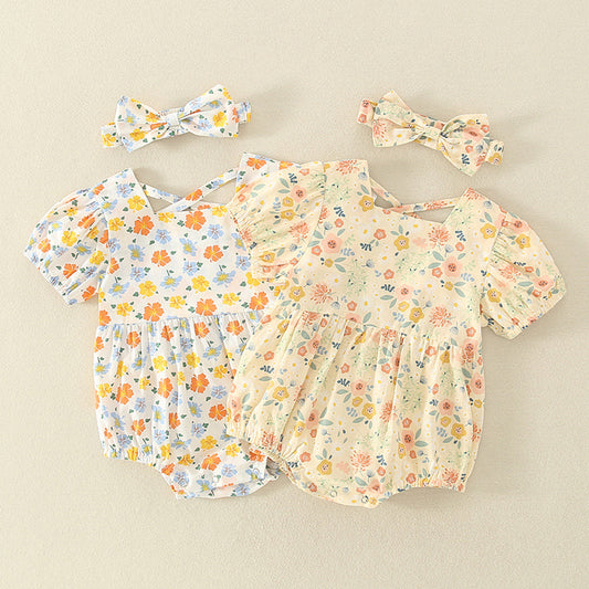 0-2 Year Old Baby Thin Romper 2021 Summer New Baby Girl Send Hair Belt Floral Backless Newborn Onesie