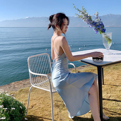 Sexy Pure Desire Ice Blue Satin Strap Backless Silk Vacation Dress