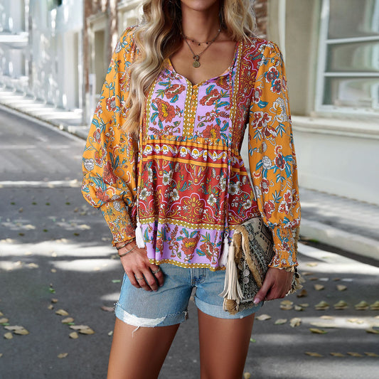 Diyun Cross-border European And American Women&#039;s Clothing Independent Station 2023 Autumn Bohemian Casual Style Cotton Printed Long-sleeved Shirt For Women