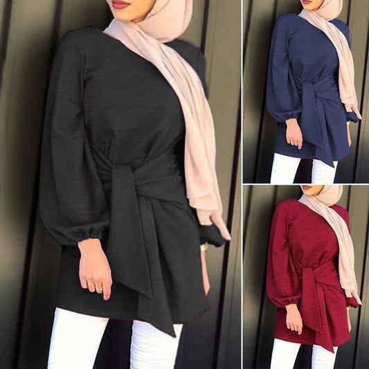 New Muslim Tops Solid Color Bandage Waist Lantern Sleeve Shirt