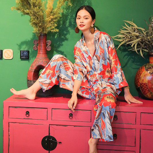 Long-sleeved Pajamas Women&#039;s Spring And Autumn Fashion High-end Printing Two-piece Suit Can Be Worn Outside Loose Simulation Silk Homewear Suit