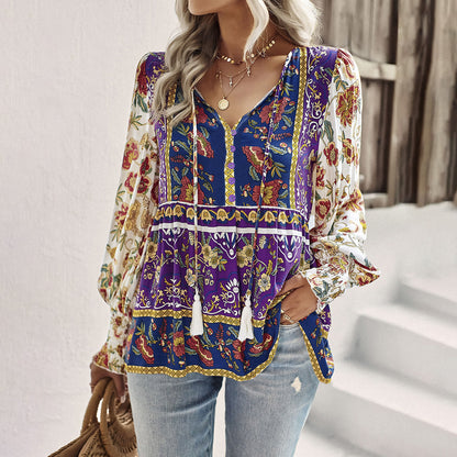 Diyun Cross-border European And American Women&#039;s Clothing Independent Station 2023 Autumn Bohemian Casual Style Cotton Printed Long-sleeved Shirt For Women